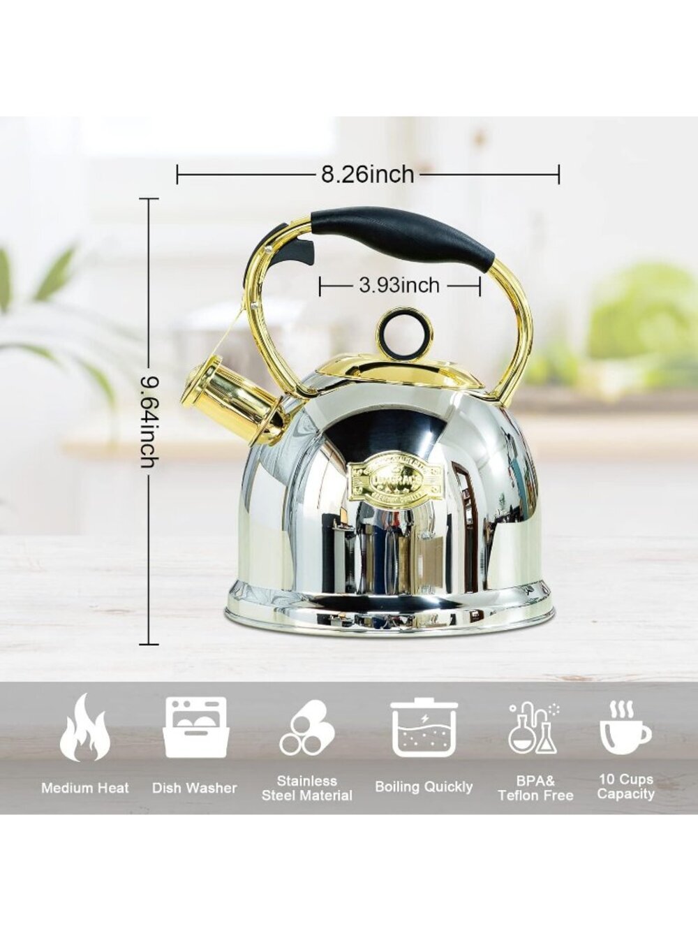 Gold Kitchen Whistling Tea Kettle 3.0 Quart Stainless Steel Stovetop Tea Pot - Picture 5 of 6